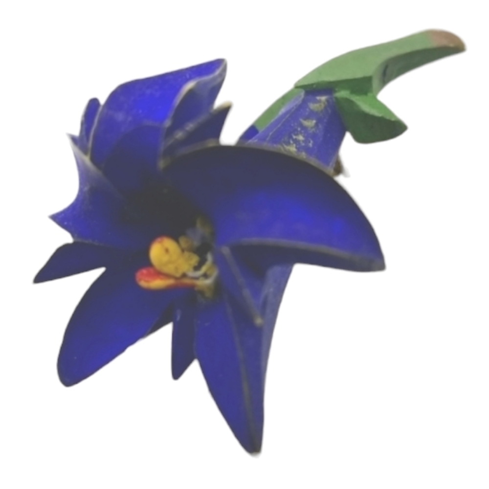 Gentian Violet Lily Mid Century Brooch Pin 30s Painted C Hook Closure Blue Vtg